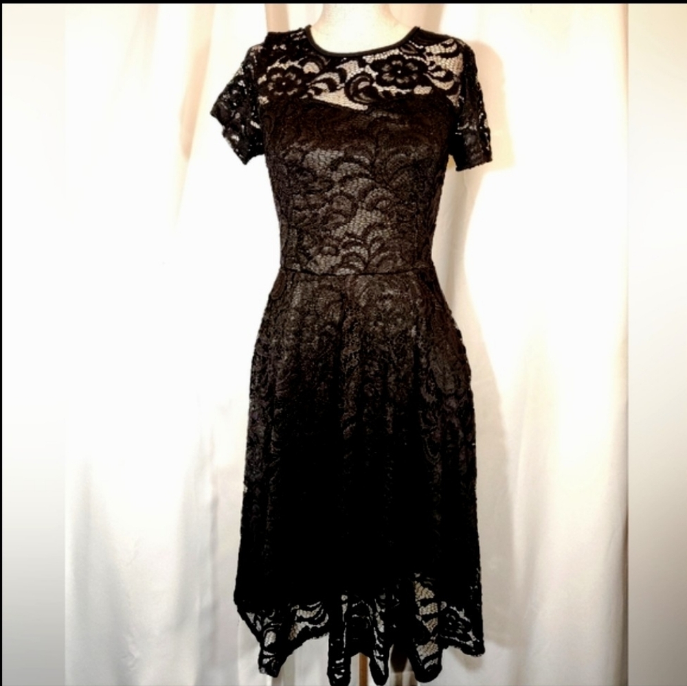 Ouges TAG Lace Midi Dress, Black, See Thru Chest/Shell, Lined, Short Sleeve, S